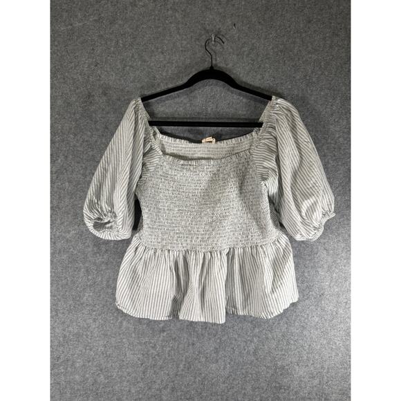 Jennifer & Grace Top Women Large Gray Striped Puff Sleeve Smocked Peasant‎ Boho - Picture 1 of 7
